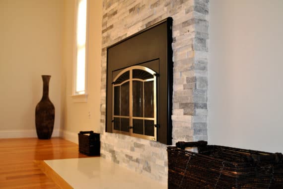 Alaska Gray Marble Ledger Panel Fireplace Accent Wall