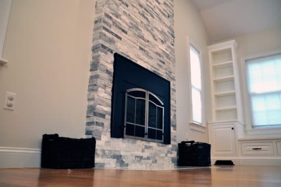 Alaska Gray Marble Ledger Panel Fireplace Accent Wall